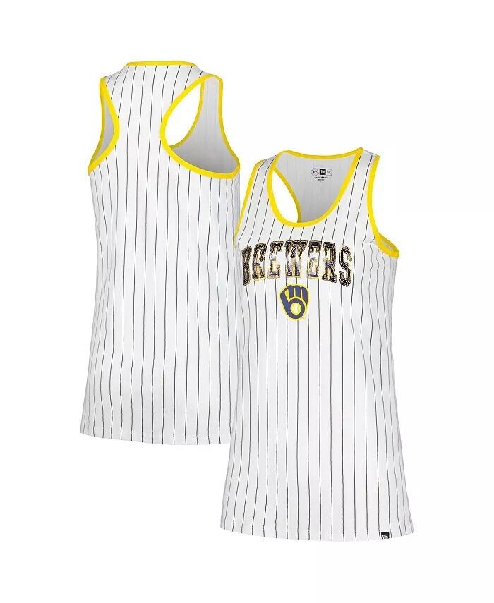 

Женская белая майка-борцовка Milwaukee Brewers с пайетками и полосками New Era