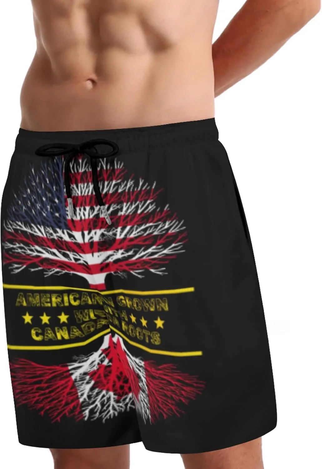 Мужские плавки American Grown and Canada Roots с сетчатой ​​подкладкой, завязками, быстросохнущие, с карманами Generic, черный — фото 2