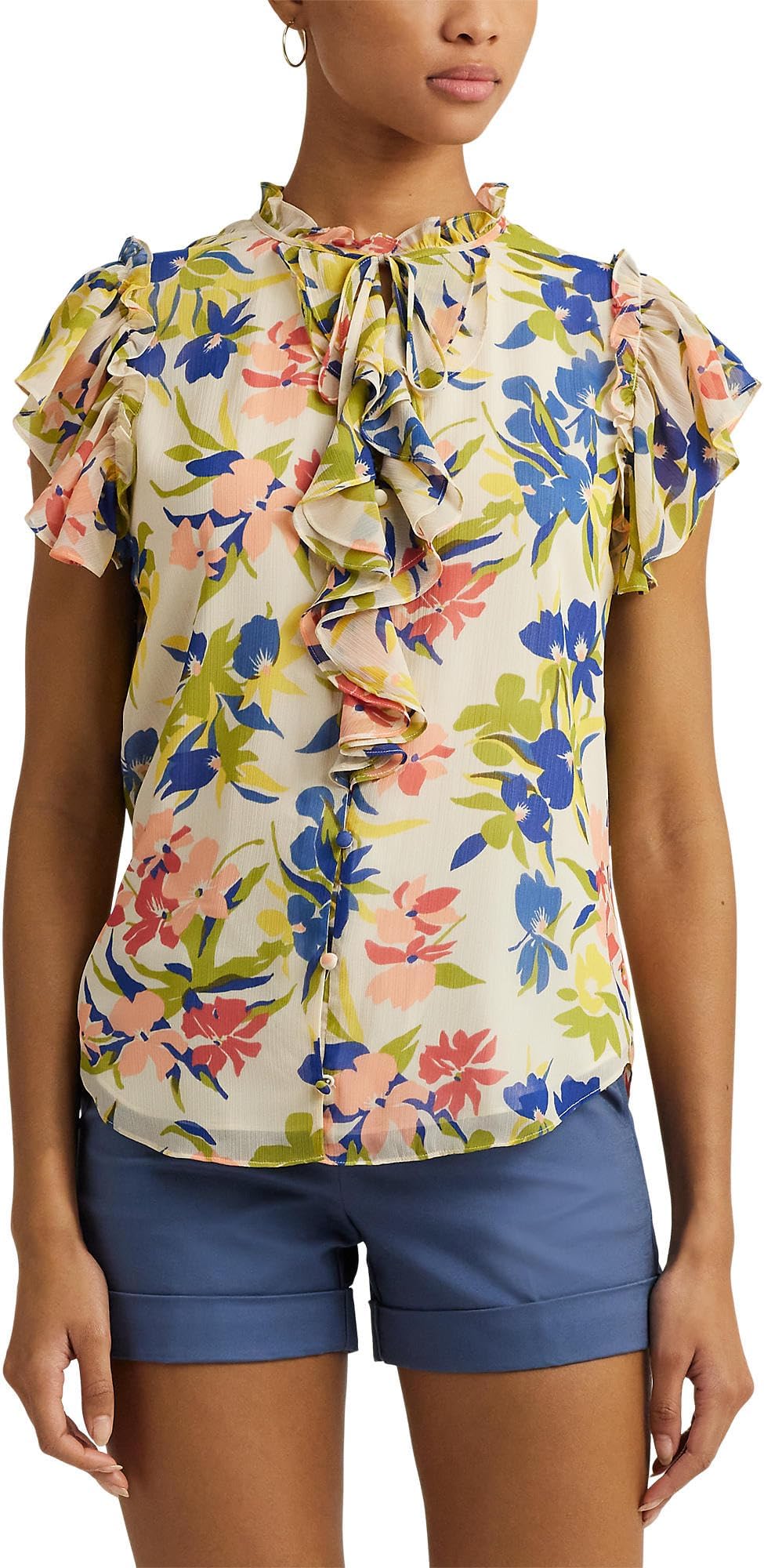 

Блуза Lauren Ralph Lauren Floral Ruffle-Trim Georgette Blouse, цвет Cream/Blue Multi