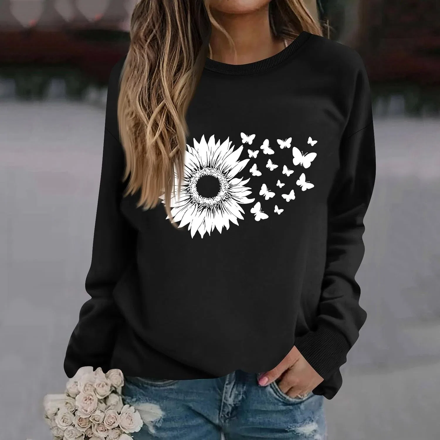 Женский свитшот с цветочным принтом, свободный крой, 1-black — фото 3