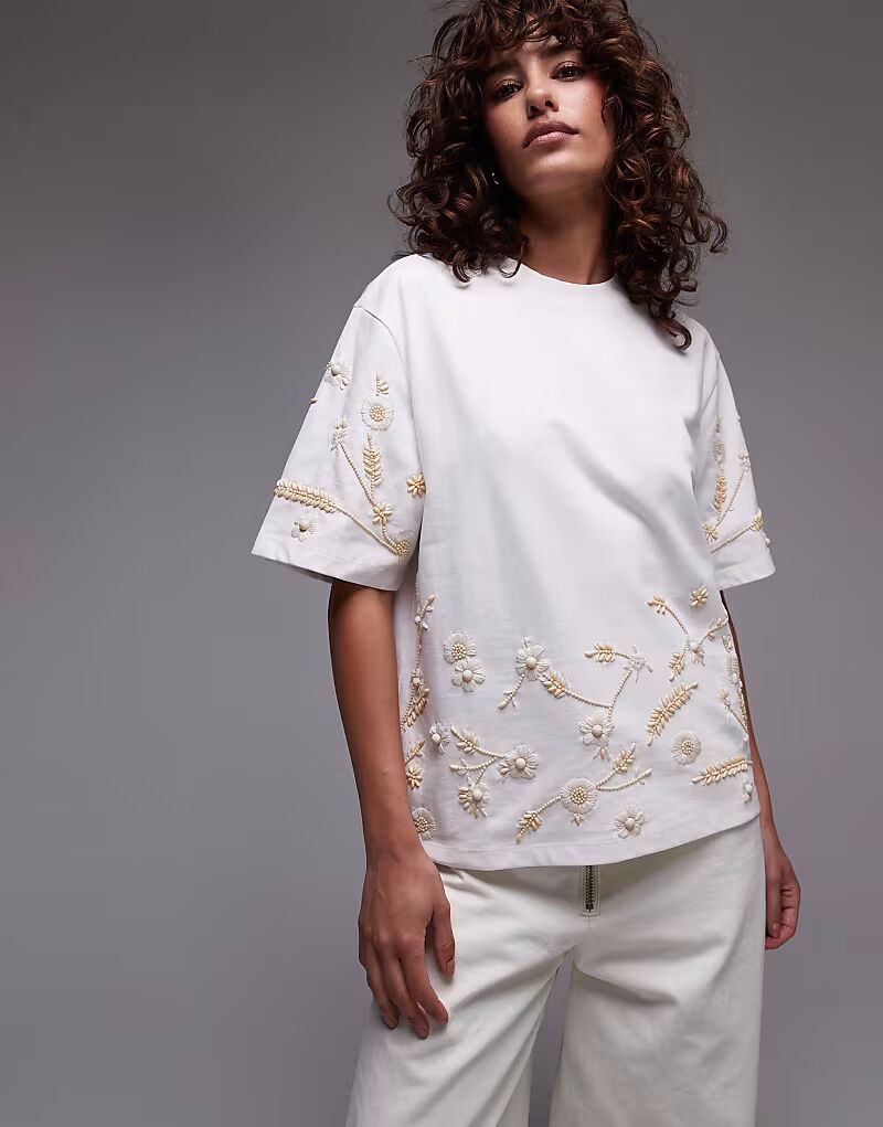 

Футболка Topshop oversize с цветочным узором и бусинами белого цвета
