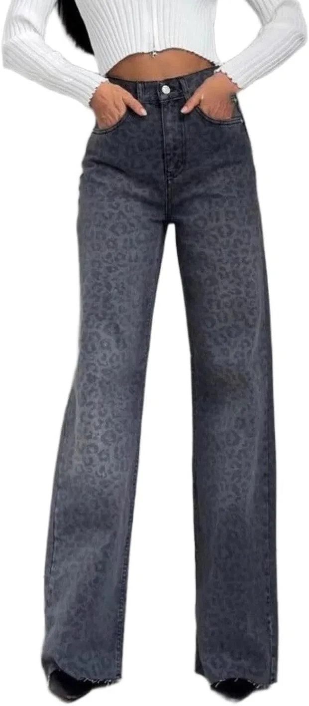 

CHARTOU Женские джинсы прямого кроя с леопардовым принтом, высокая талия, широкие
