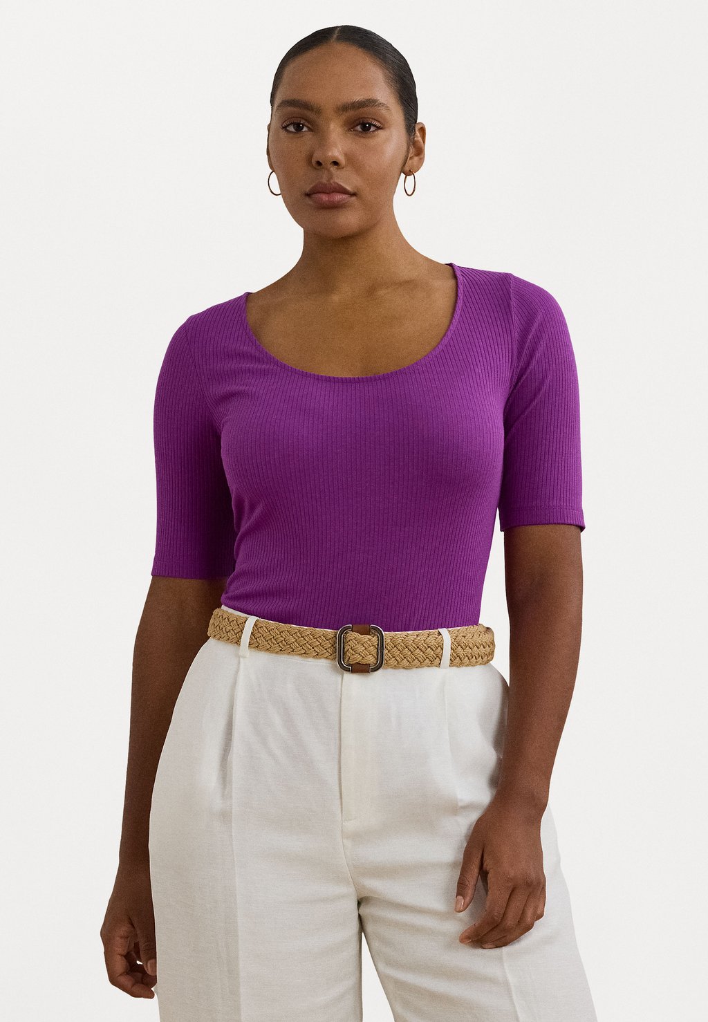 

Базовая футболка RIB-KNIT COTTON-BLEND ELBOW-SLEEVE TEE Lauren Ralph Lauren Woman, фиолетовый