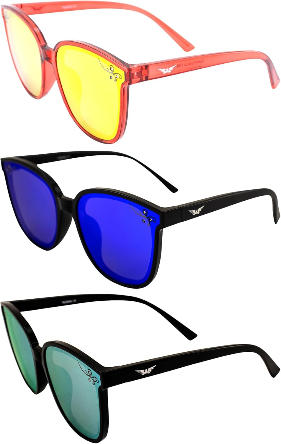 

Солнцезащитные очки Global Vision Eyewear Athena II Fashion для женщин, 3 пары: красные с красными зеркальными линзами и черные с синими зеркальными и желтыми линзами, Red-red/Black-blue/Black-yellow