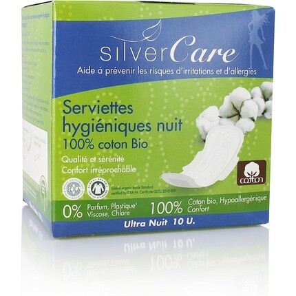 

Ультратонкие ночные гигиенические прокладки Silvercare из 100% чистого органического хлопка, 10 шт.
