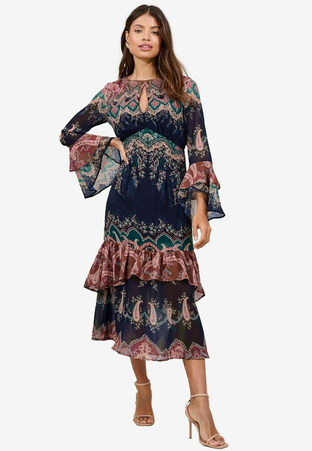 

Повседневное платье PLACEMENT PRINTED FLUTE SLEEVE RUFFLE DETAIL MIDI Lipsy, синий