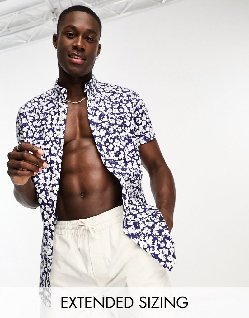 

ASOS DESIGN – темно-синяя приталенная рубашка стрейч с мелким цветочным узором