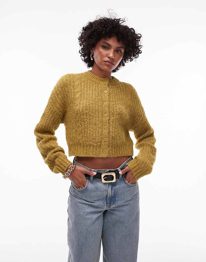 

Topshop – Зеленый короткий кардиган из пушистой ткани косой вязки