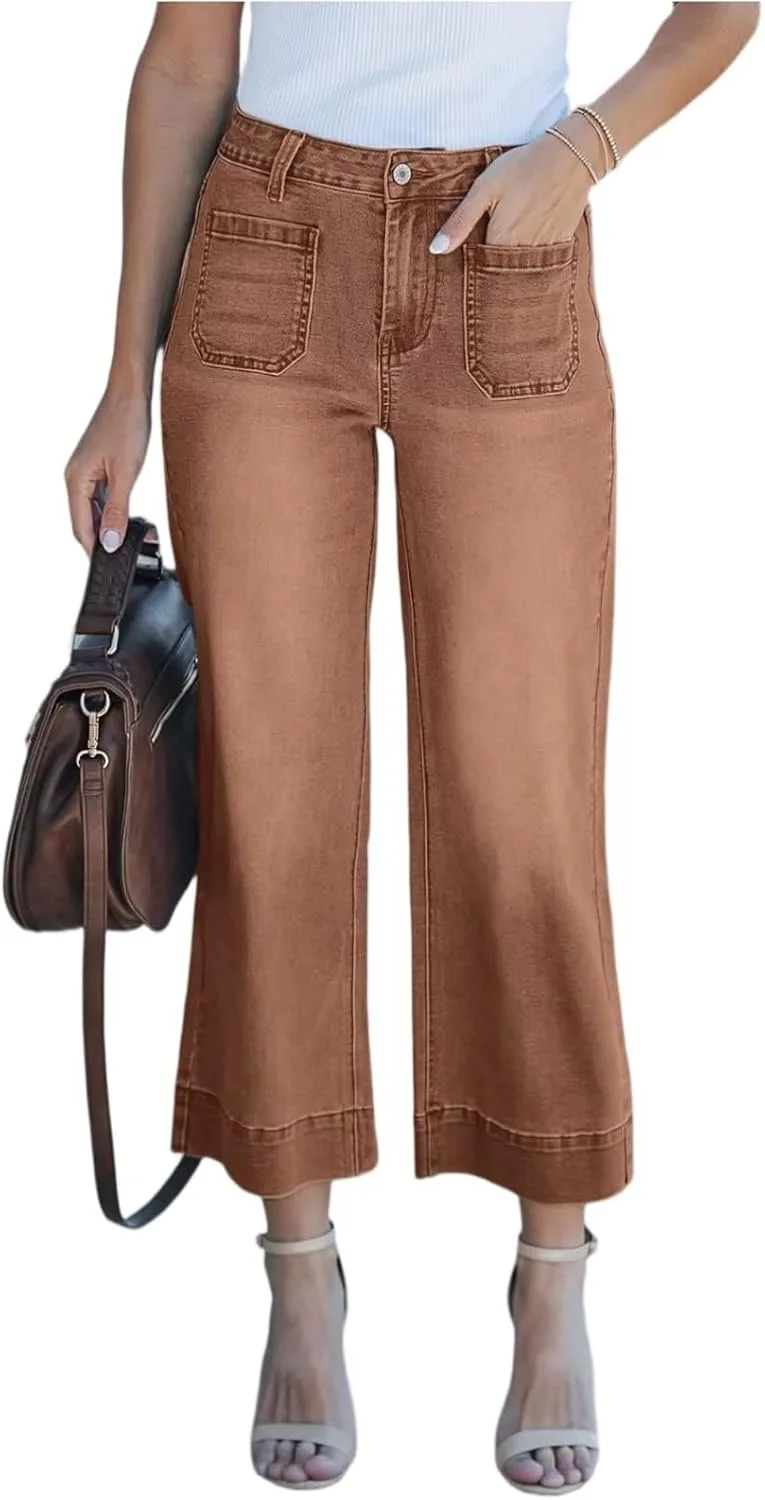 

Джинсы женские High Waisted Stretch Wide Leg Capri