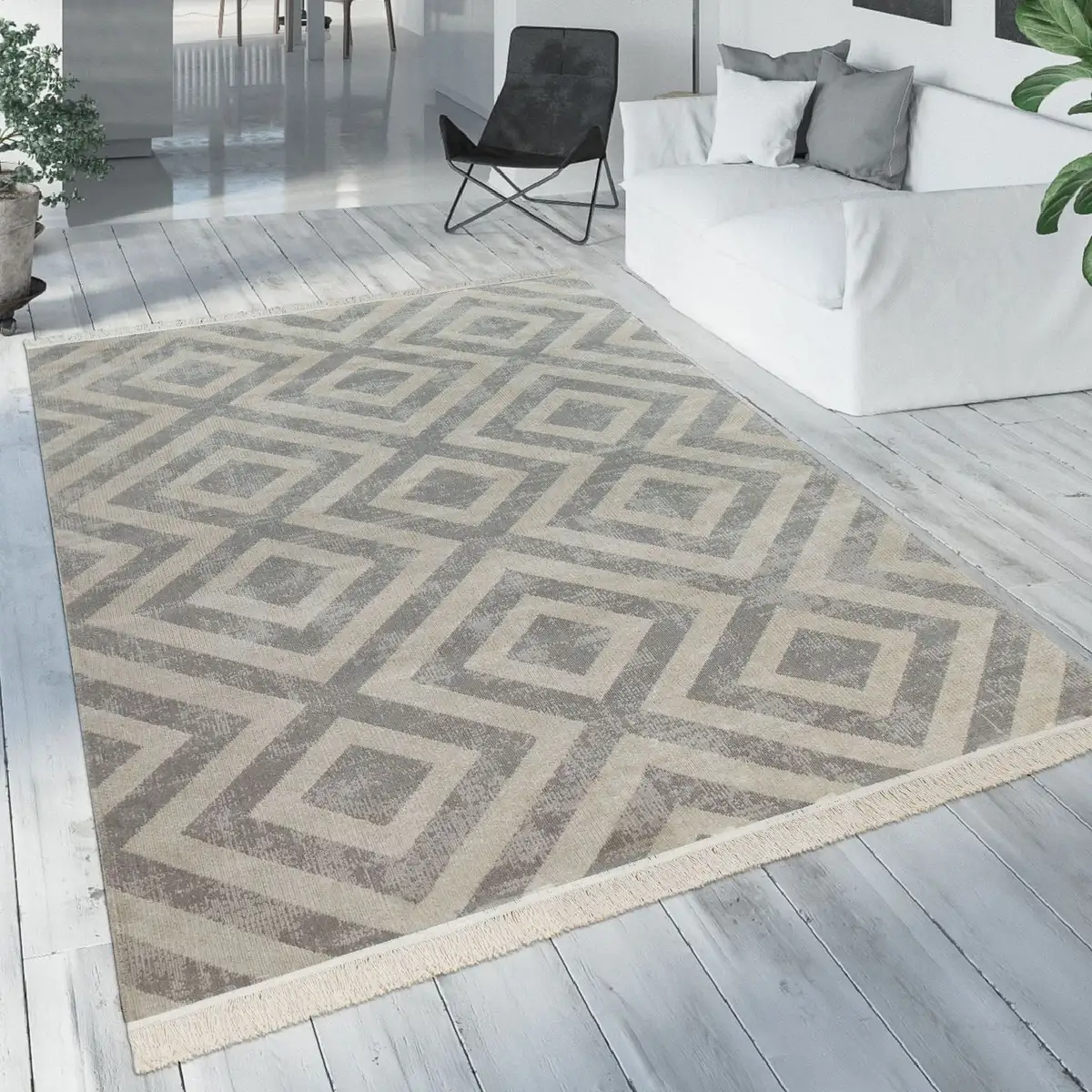 

Ковер Paco Home "Poco 821", прямоугольный, короткий ворс, ромбовидный узор, с бахромой, подходит для использования внутри и снаружи помещений 80х150 см, серый/белый