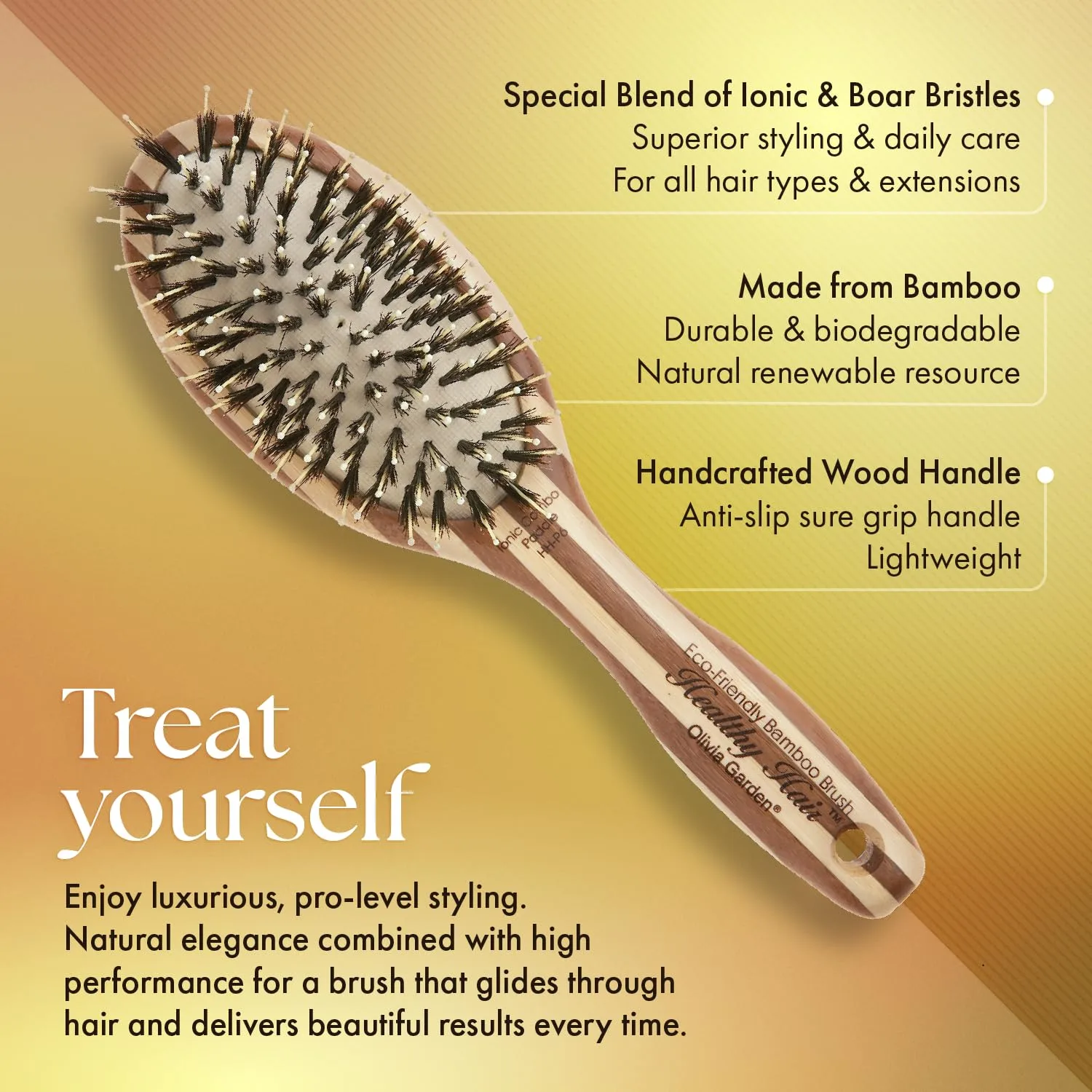 Ионная щетка для волос Olivia Garden Healthy Hair Eco Friendly Bamboo с бамбуковым наполнителем, экологически чистая. Комбо щетина кабана, Black, Brown, White — фото 3