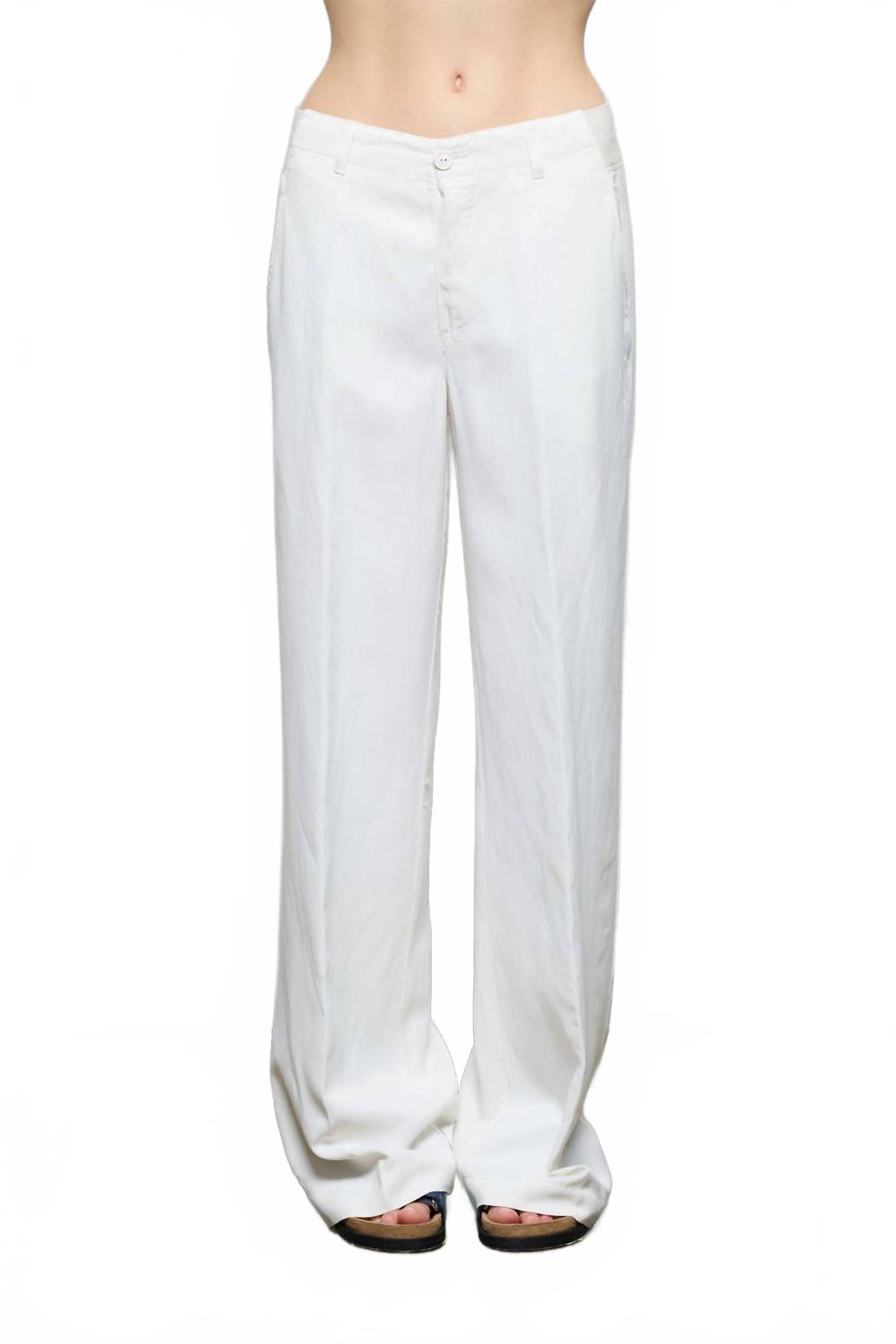 

Блестящие вискозные льняные брюки-клеш в цвете белая лилия European Culture