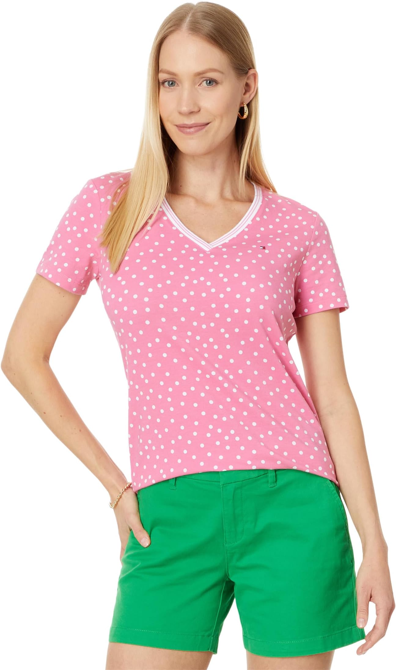 

Футболка Tommy Hilfiger Short Sleeve Dot Vneck Tee, цвет Peony/White