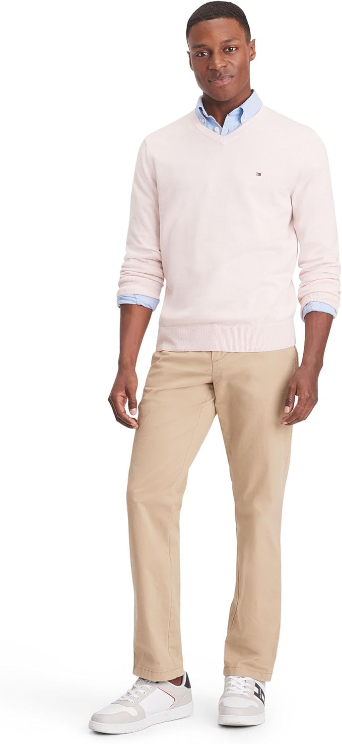 Мужской свитер Tommy Hilfiger Essential из хлопка с длинным рукавом и V-образным вырезом, Light Pink Heather — фото 4