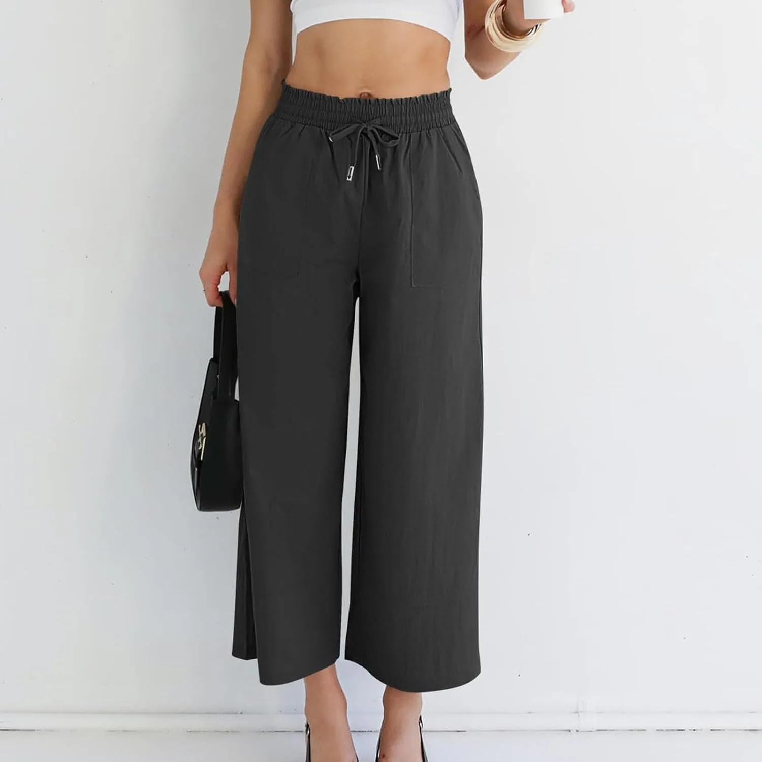 Летние брюки для женщин Cotton Linen Wide Leg с кулиской, повседневные, для пляжа, тренд 2026 Generic, черный — фото 2