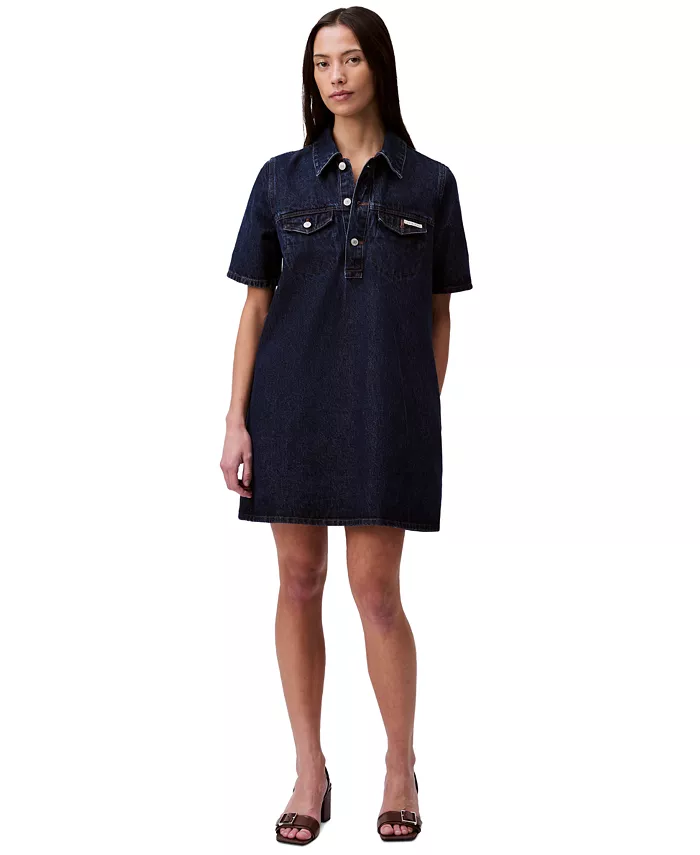 

Женское платье-мини из денима свободного кроя Popover Calvin Klein Jeans, синий