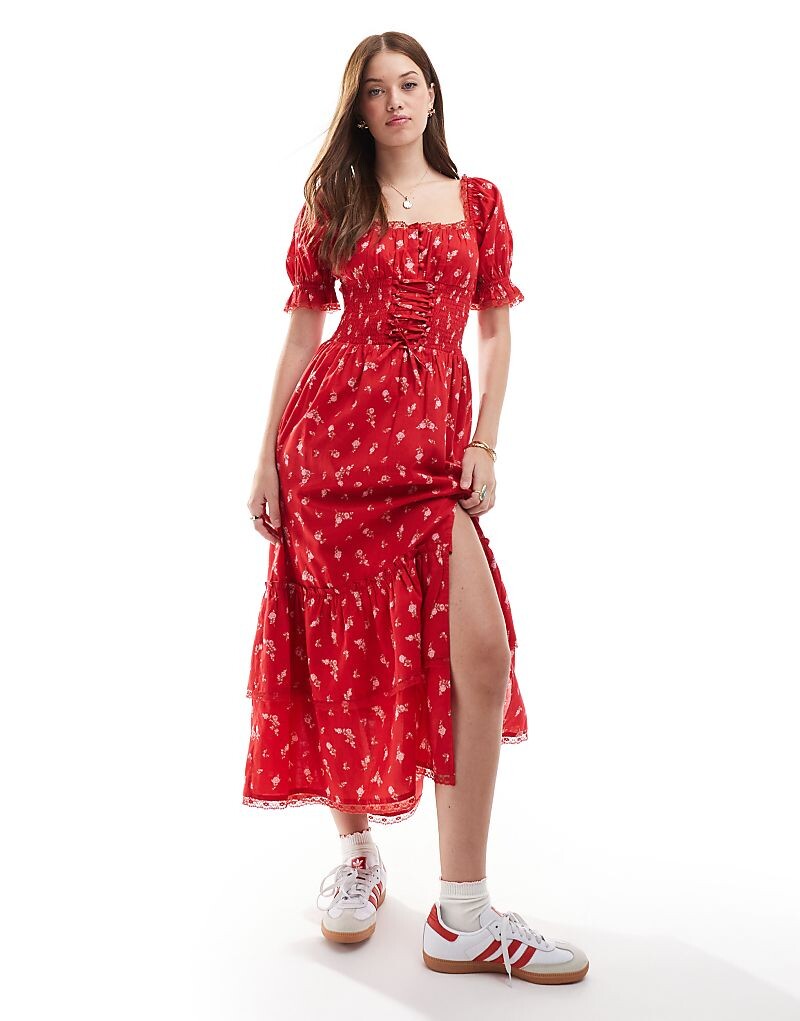 

Miss Selfridge – Красное корсетное каскадное платье макси с ручным узором