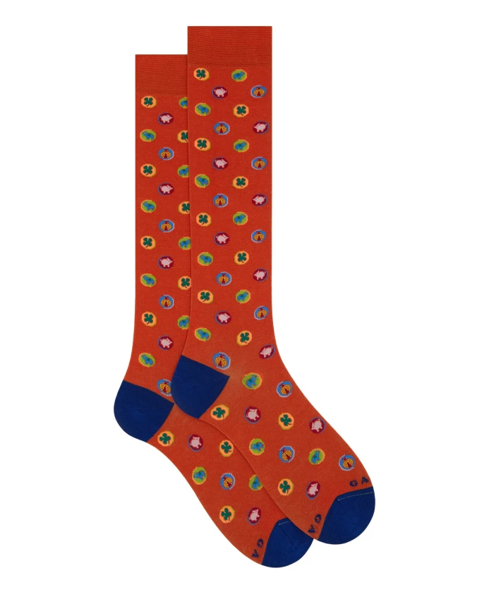 

Мужские длинные хлопковые носки с рисунком в виде талисмана на удачу, оранжевые. Gallo, мультиколор