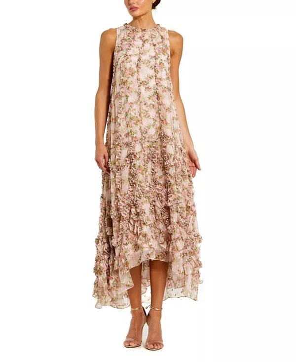 

Платье без рукавов из шифона с цветочным принтом и микро-оборочками Mac Duggal, розовый