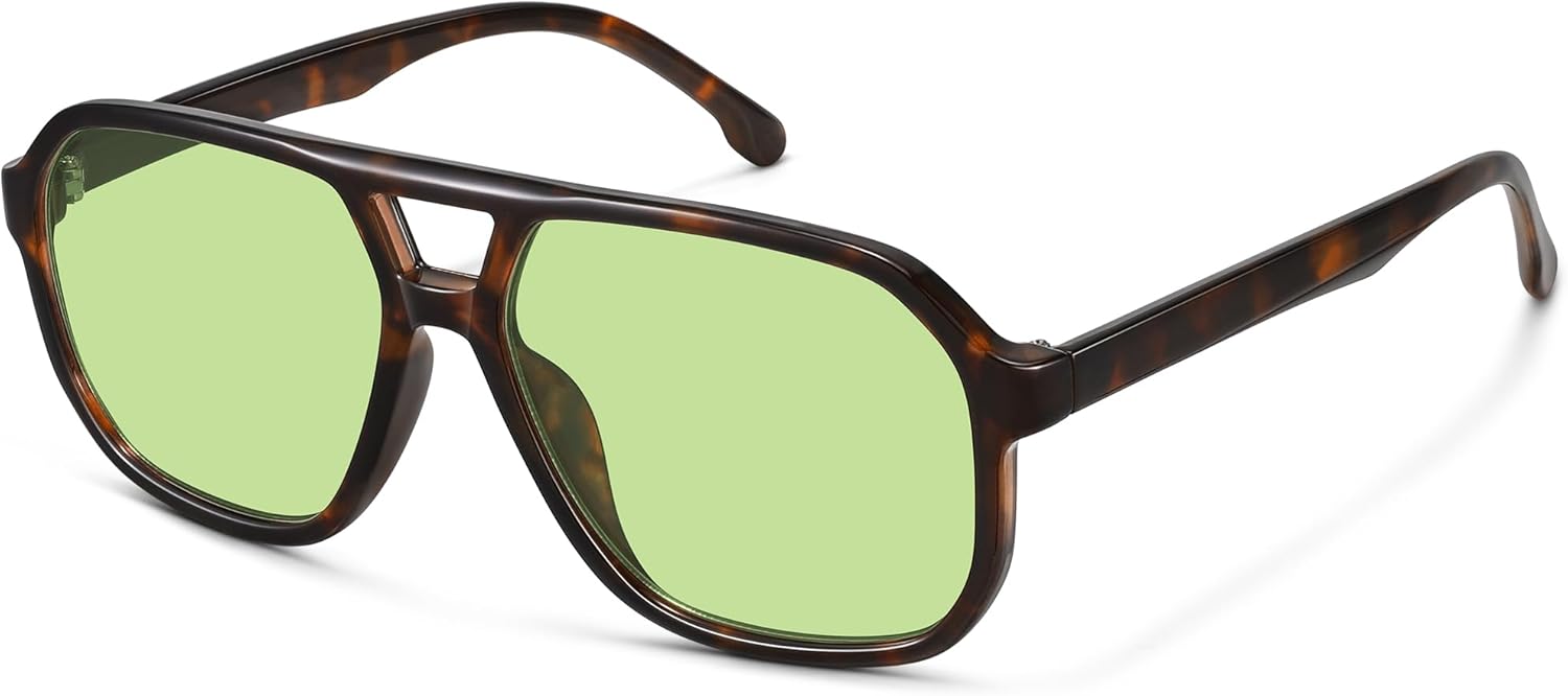 

Большие солнцезащитные очки-авиаторы для женщин и мужчин — ретро, ​​винтажные, 70-х годов, квадратная форма, двойная перемычка, защита от УФ-излучения Fozono, Tortoise/Green