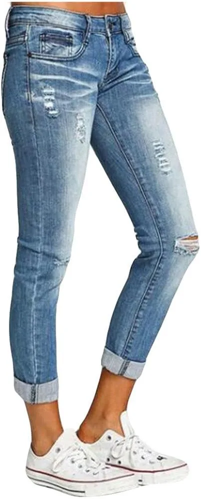 

JOFOW Женские скинни джинсы Distressed Ripped Washed High Waist