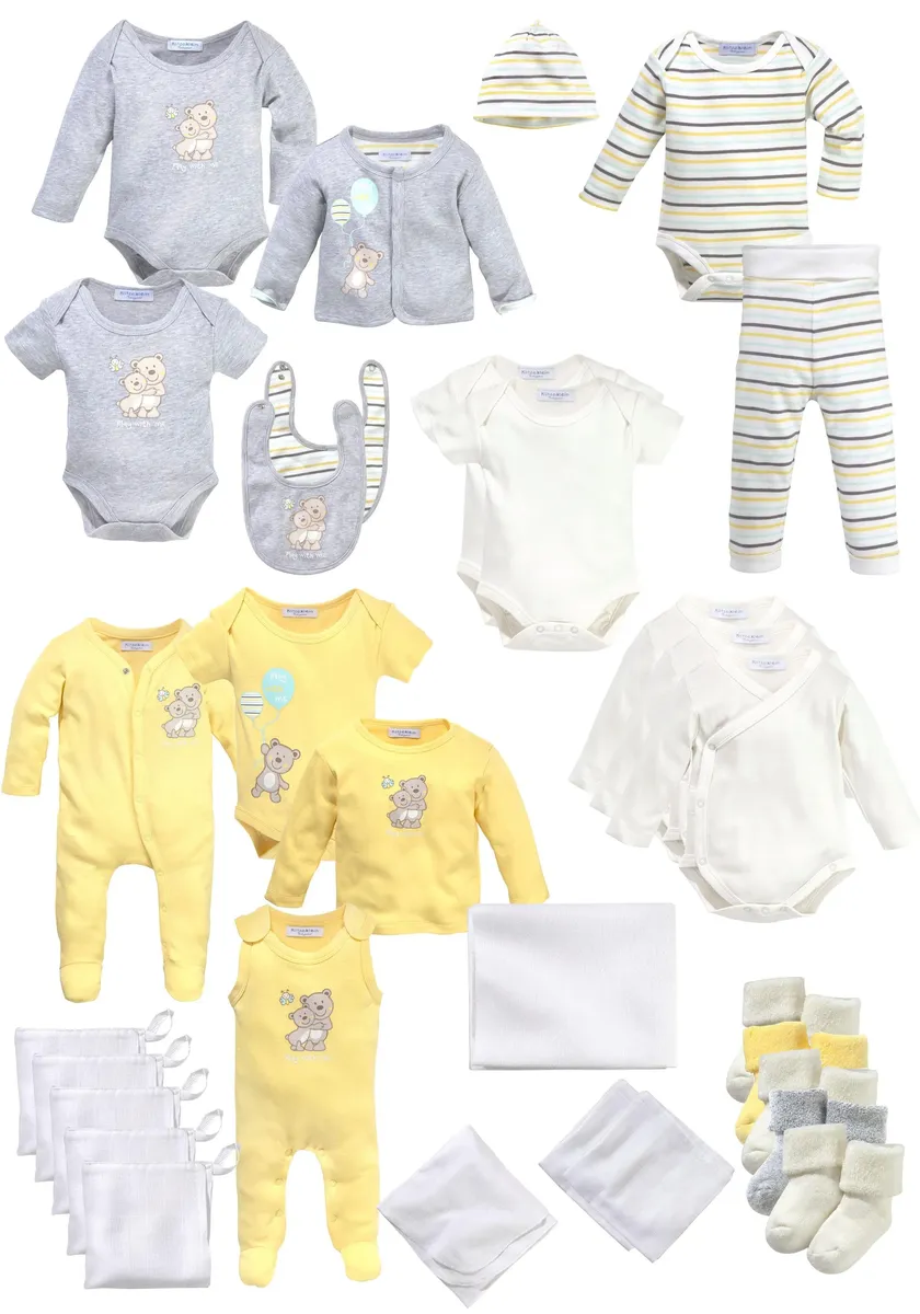 

Миниатюрный комплект первоначального снаряжения "Baby Set", выполненный из натурального хлопка Klitzeklein, цвет Weiß-Grau-Gelb-Gestreift-Gemustert