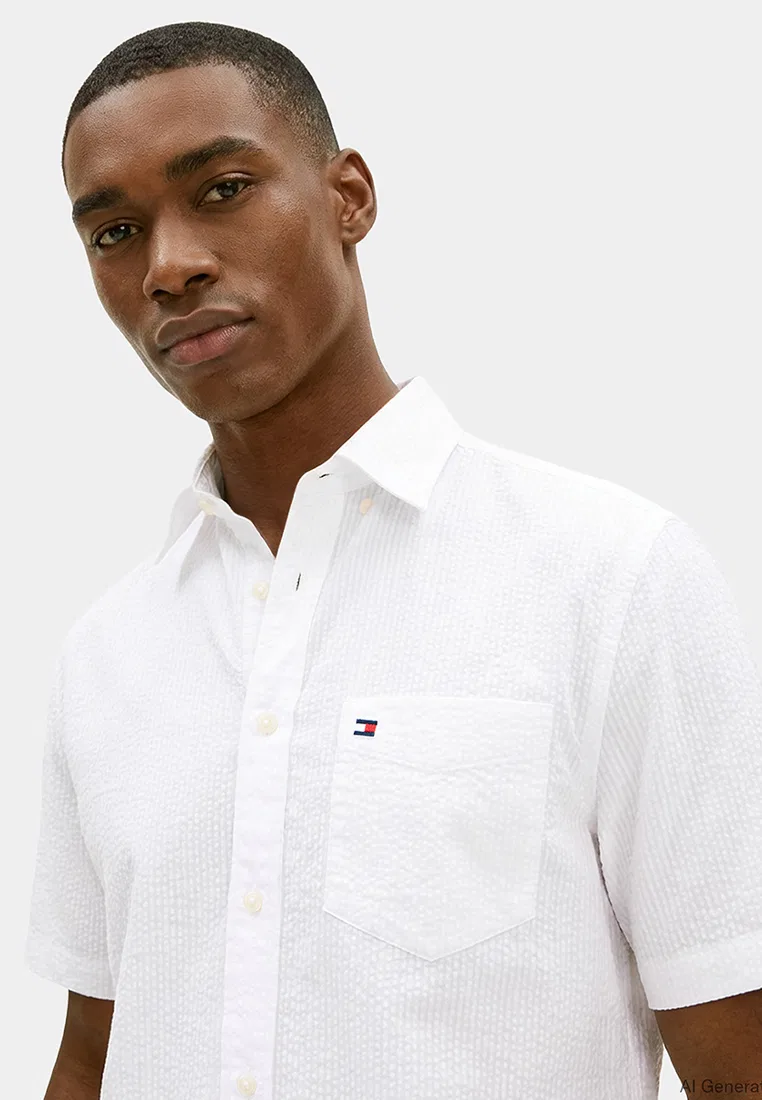 Рубашка с коротким рукавом, из сисака, TH Mainline Tommy Hilfiger, белый — фото 3