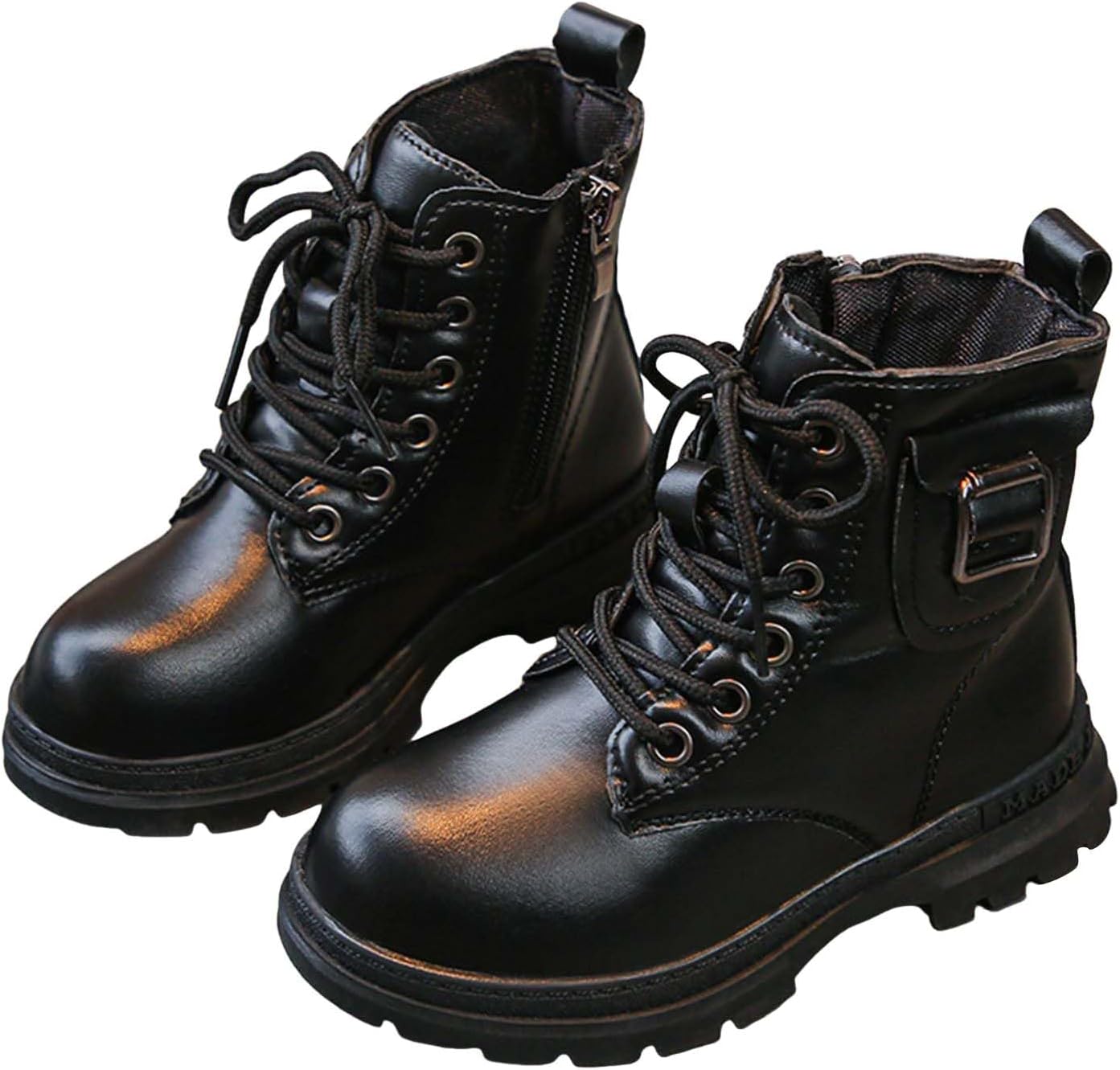 

Детские ботинки для девочек на щиколотку, шнуровка, водонепроницаемые, военные, модные кожаные с боковой молнией, удобные, на низком каблуке, противоскользящие, зимние походные ботинки для улицы Generic, Black