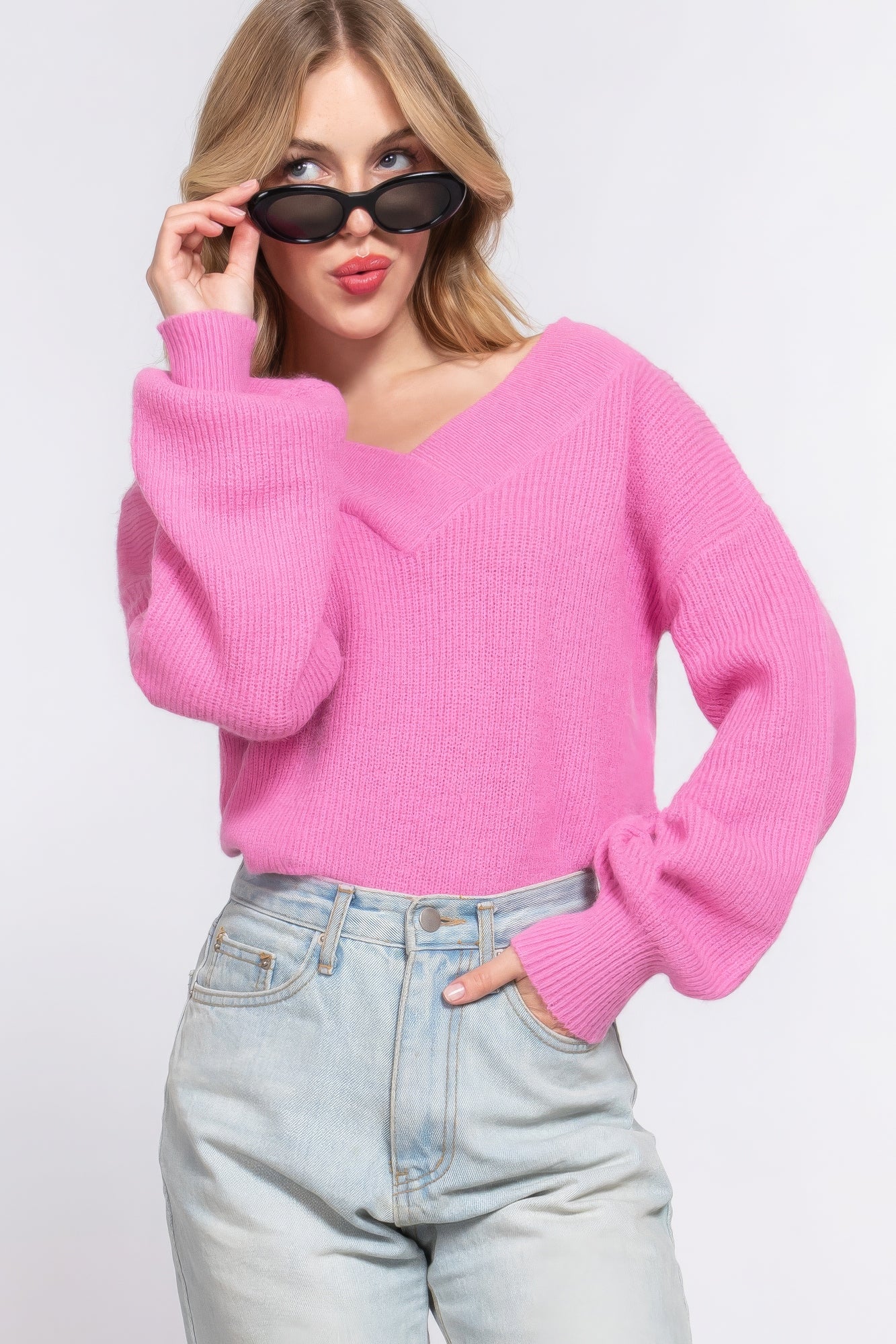 

Длинный свитер Slv с двойным V-образным вырезом FASHNZFAB, розовый