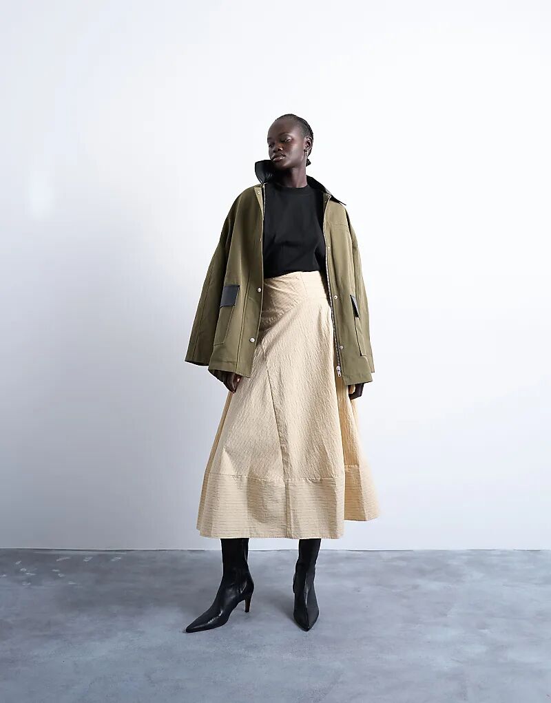 

Юбка миди Topshop с глубоким подолом в бежевую бумажную полоску