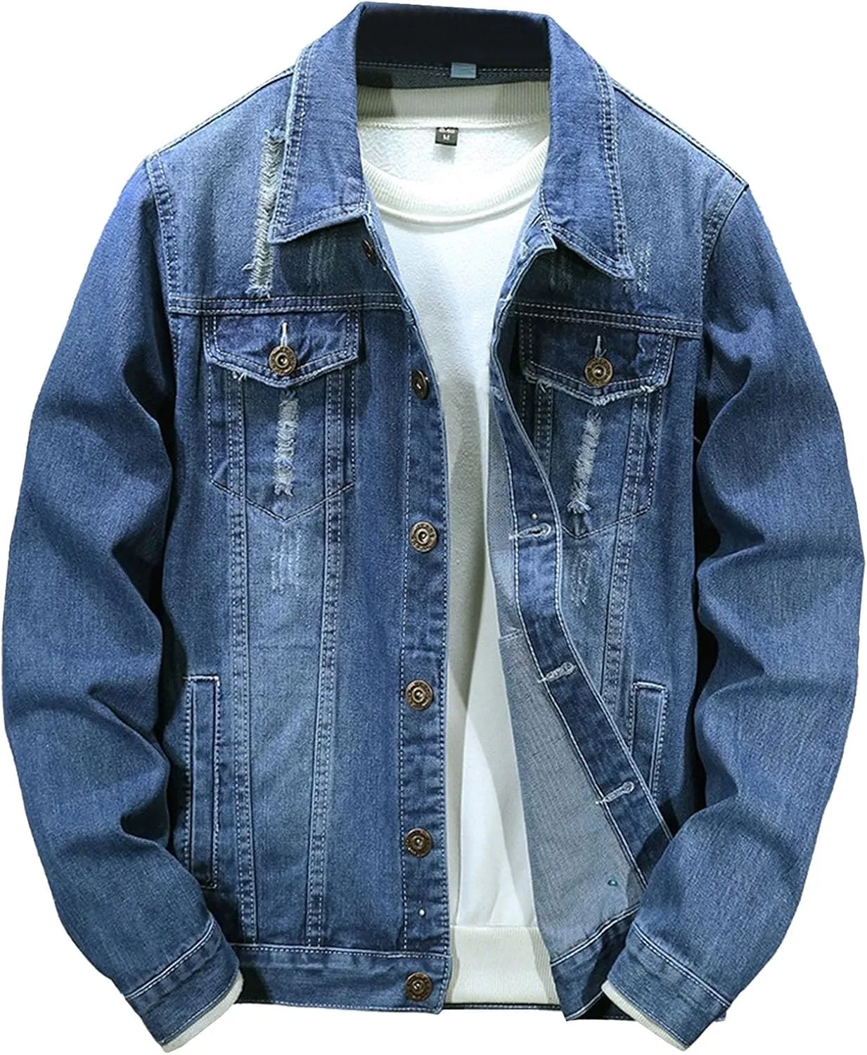 Рваная джинсовая куртка для мужчин, приталенный крой, повседневная, уличная одежда, рваная джинсовая куртка, классический стиль вестерн Generic, темно-синий