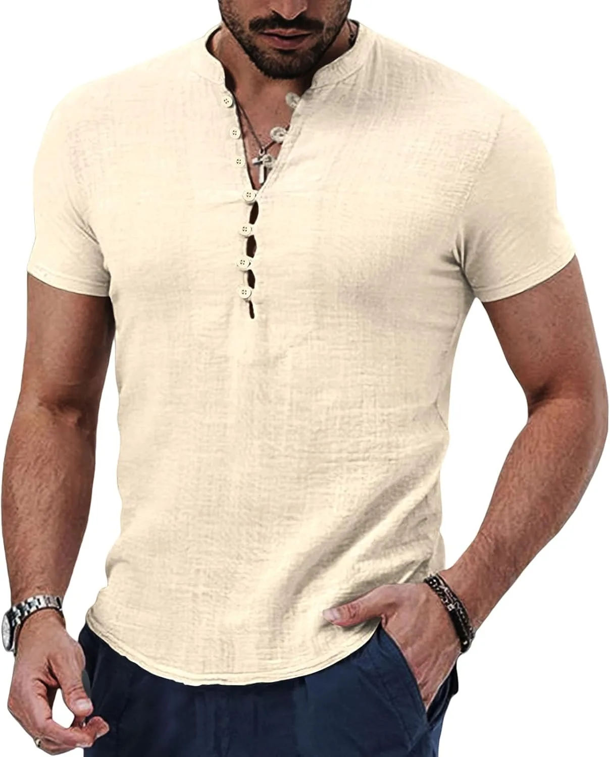 

Хлопковая льняная рубашка с коротким рукавом Henley Thatrich