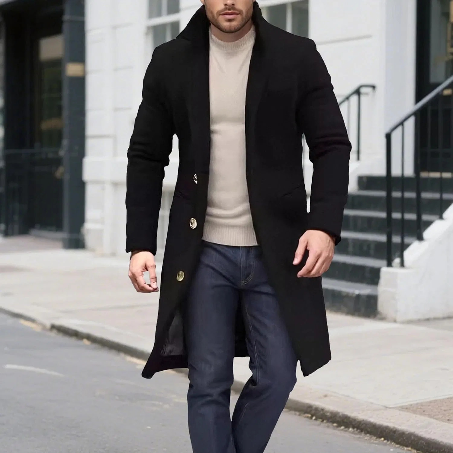 Generic Зимнее пальто мужское Blend Trench Coat с отложным воротником Camel — фото 2