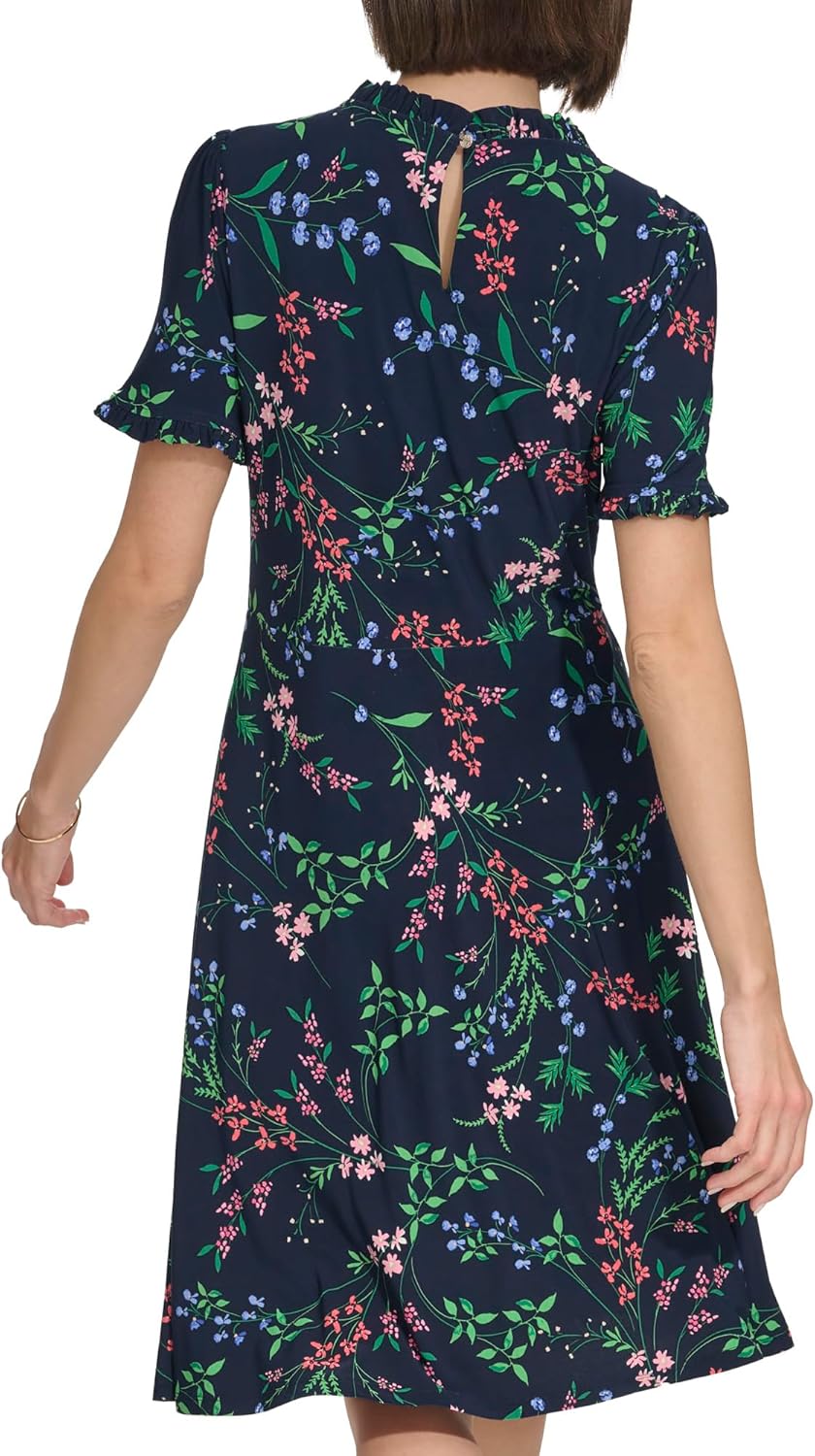 

Женское мини-платье Tommy Hilfiger с короткими рукавами и высоким воротом, облегающее и расклешенное, Sky Captain/Sherbet