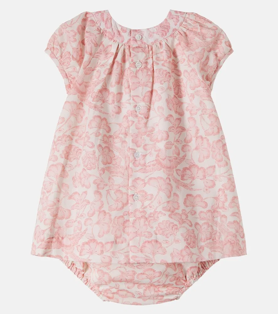 Комплект Baby Cachouli из хлопкового платья и панталон с цветочным принтом Bonpoint, розовый — фото 3