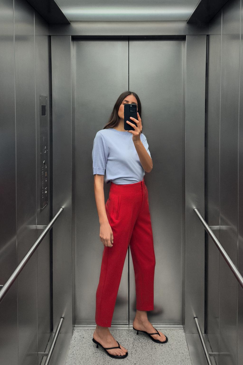 

Шерстяной топ тонкой вязки с коротким рукавом ZARA, светло-синий