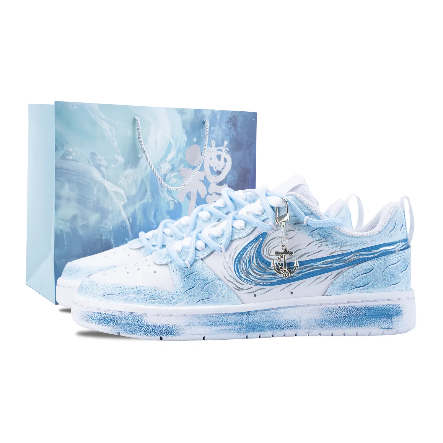 Кроссовки для скейтбординга Court Borough Cyan Lantan Crossing Abrasion Resistant Low top Kids' White Blue Teenagers Nike, Blue White (Blue Shopping Bag)