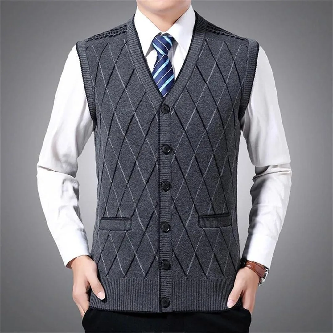 Мужской зимний безрукавный теплый джемпер вязаный жилет Slim Fit пуловер Generic, коричневый — фото 3