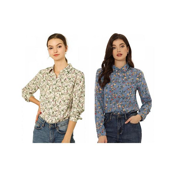 

2 упаковки женской рубашки с длинным рукавом и цветочным принтом Inspire Chic, Gray Blue Beige