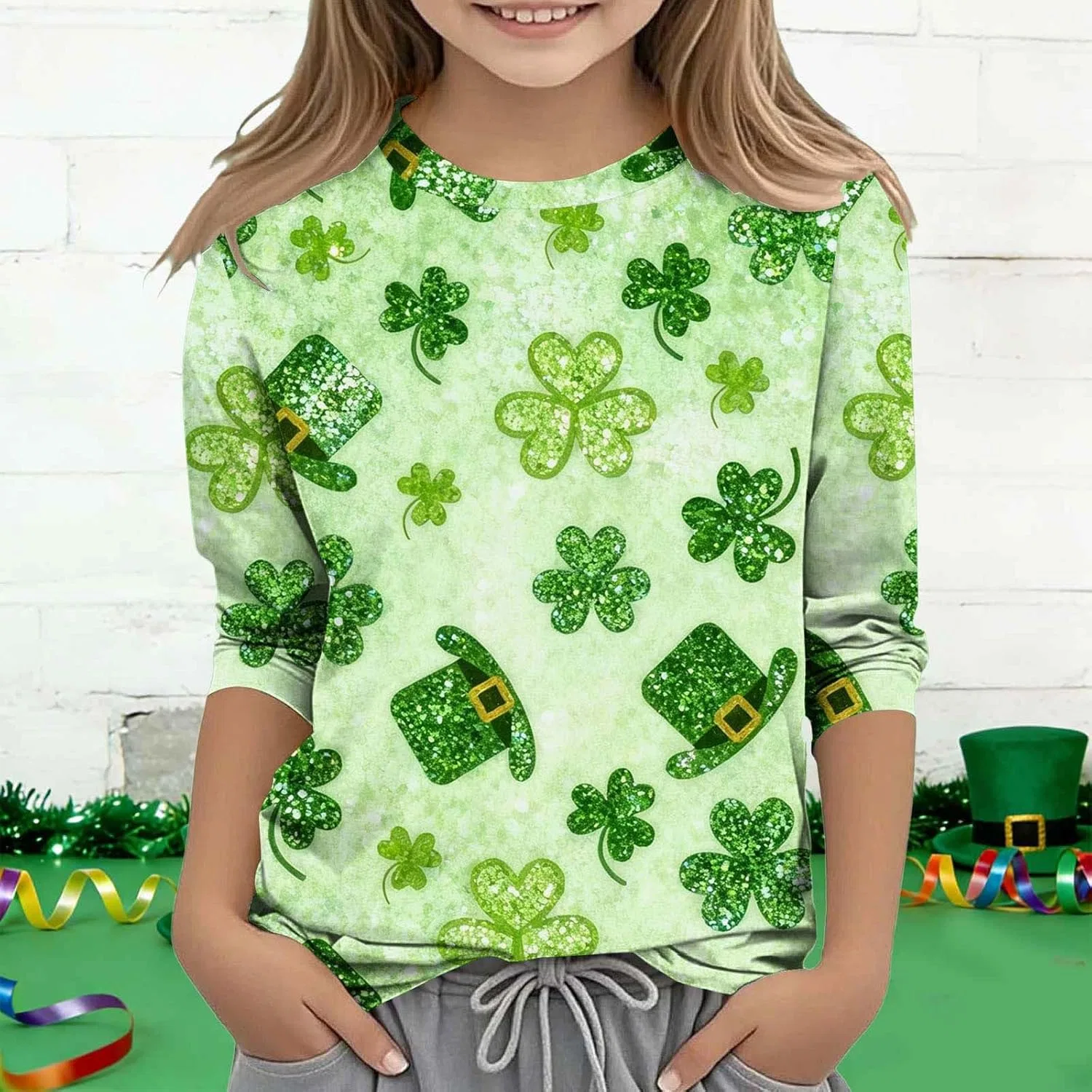 Детская футболка с принтом Shamrock, Zzalalana, 3/4 рукав, Green16 — фото 3
