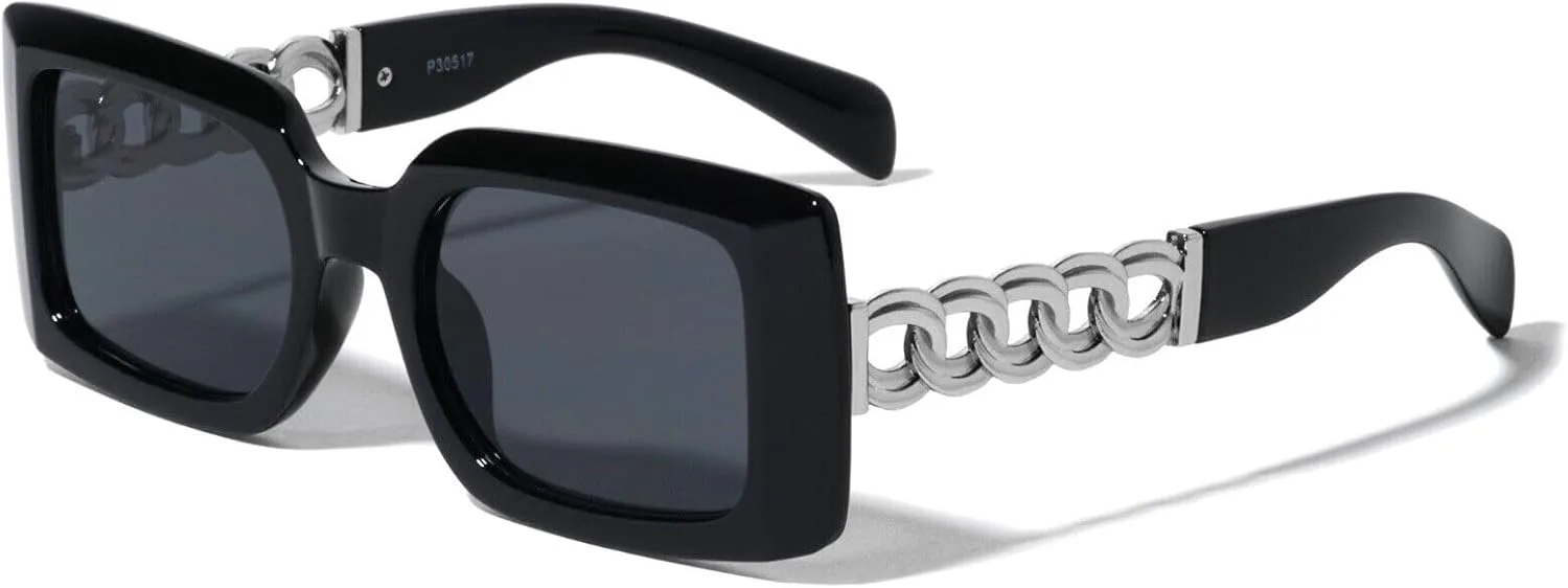 

Солнцезащитные очки Dweebzilla Wide Square Sleek Gold Cuban Link с цепочкой в ​​стиле ретро, ​​дизайнерская мода, Black & Silver Frame - Solid Black Lenses