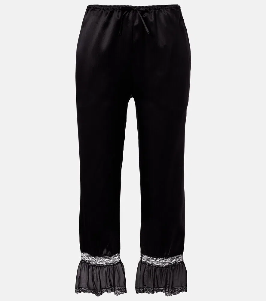 Широкие брюки из шелкового атласа с кружевной отделкой Saint Laurent, черный