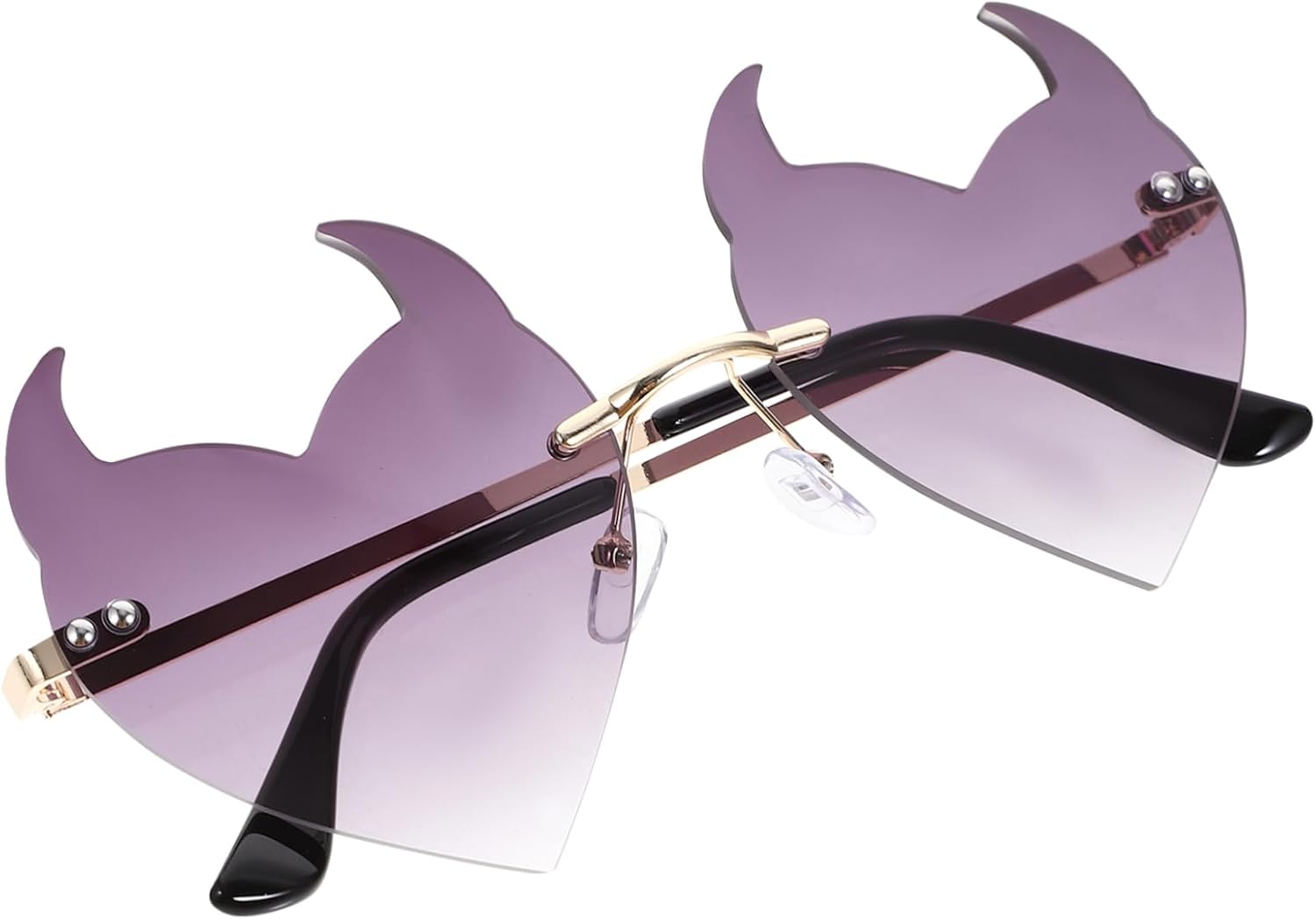 

Женские солнцезащитные очки без оправы в форме сердца. Стильный дизайн без оправы в форме рога для вечеринок, ночных клубов и мероприятий. Оправа с градиентными линзами для танцев и особых случаев OATIPHO, Lavender