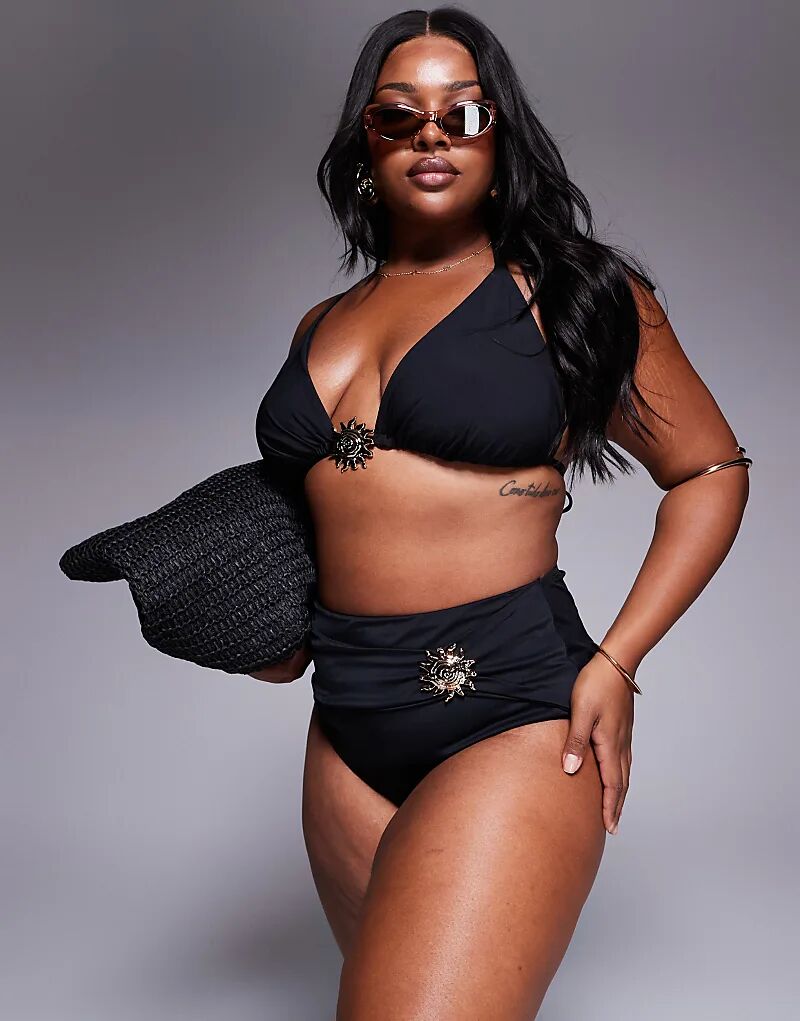 

Плавки-бикини Curve Celina с высокой талией и завитковой отделкой ASOS DESIGN черного цвета Asos Curve