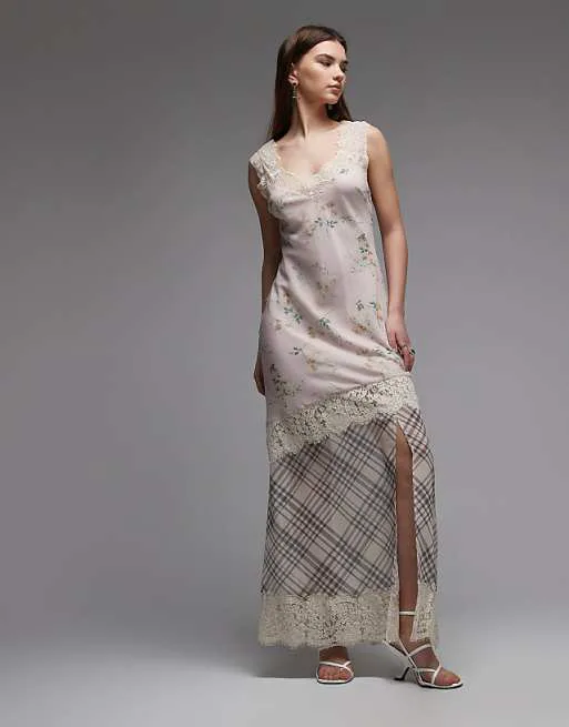 

Розовое платье макси в клетку с асимметричным швом и кружевными рукавами ASOS DESIGN