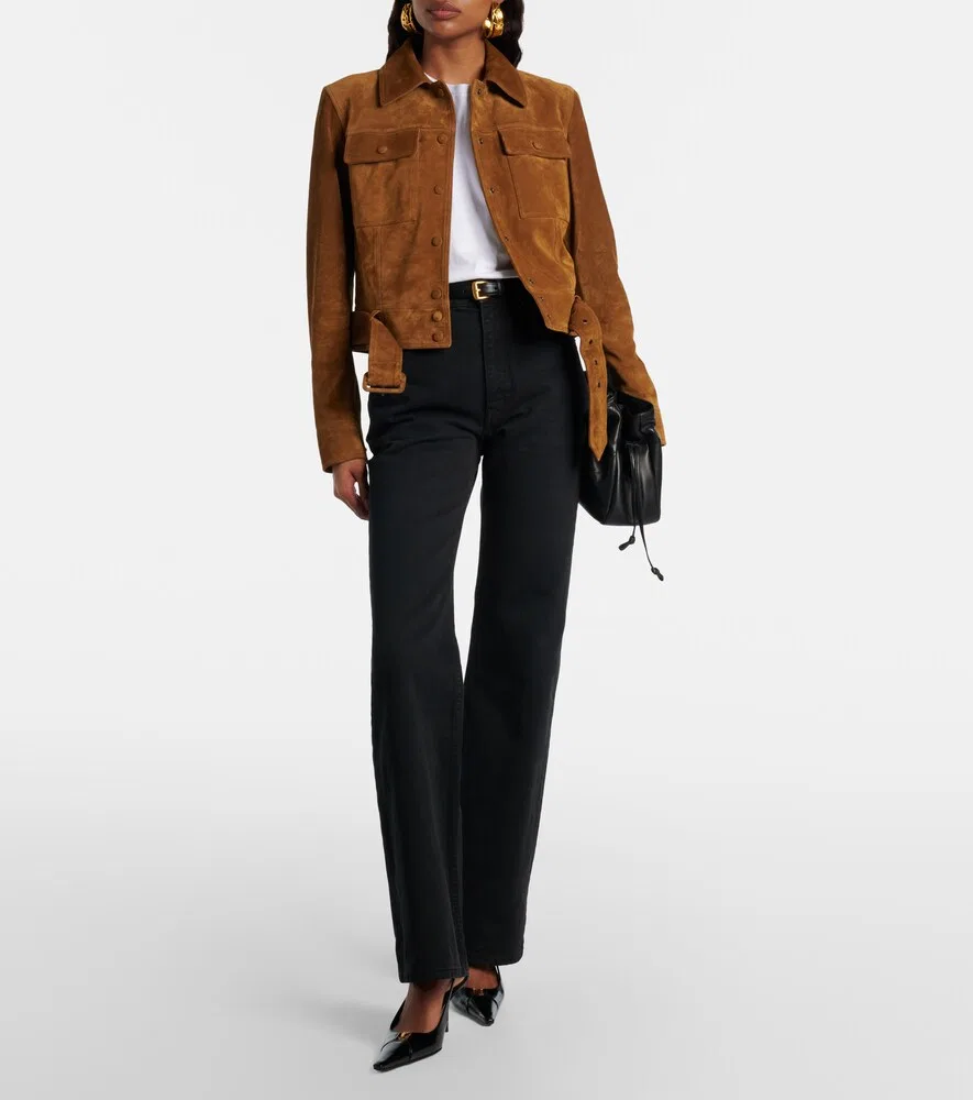 Укороченная замшевая куртка с поясом Saint Laurent, коричневый — фото 2