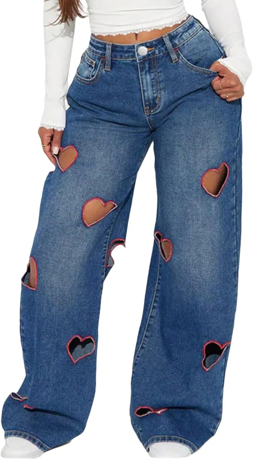 

Женские джинсы baggy high waist с вышивкой hollow heart MRNYQBM