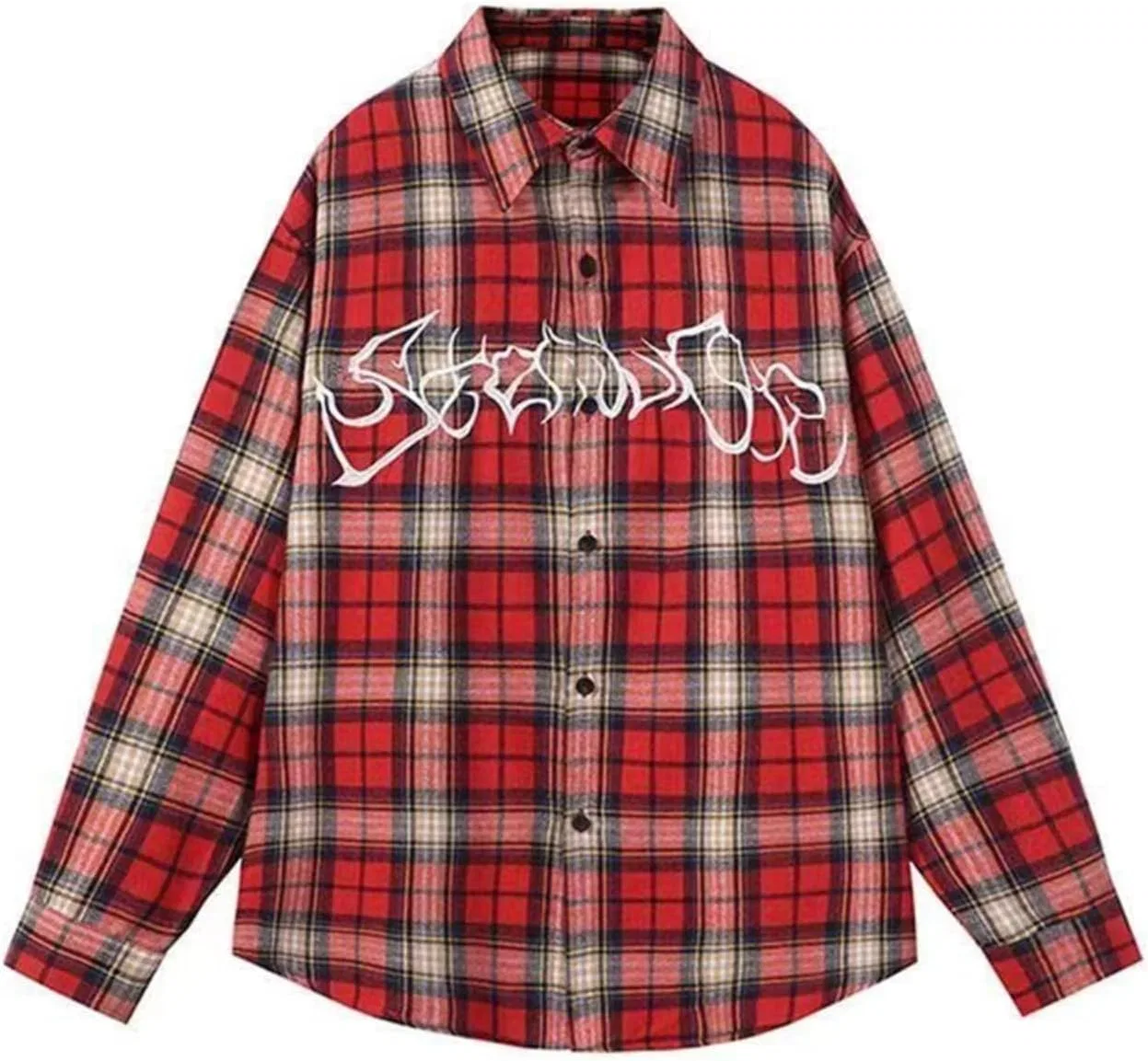 Блуза, клетчатая, с вышивкой, женская, Polo-воротник, Oversize, длинный рукав, красный, 100% полиэстер, Street