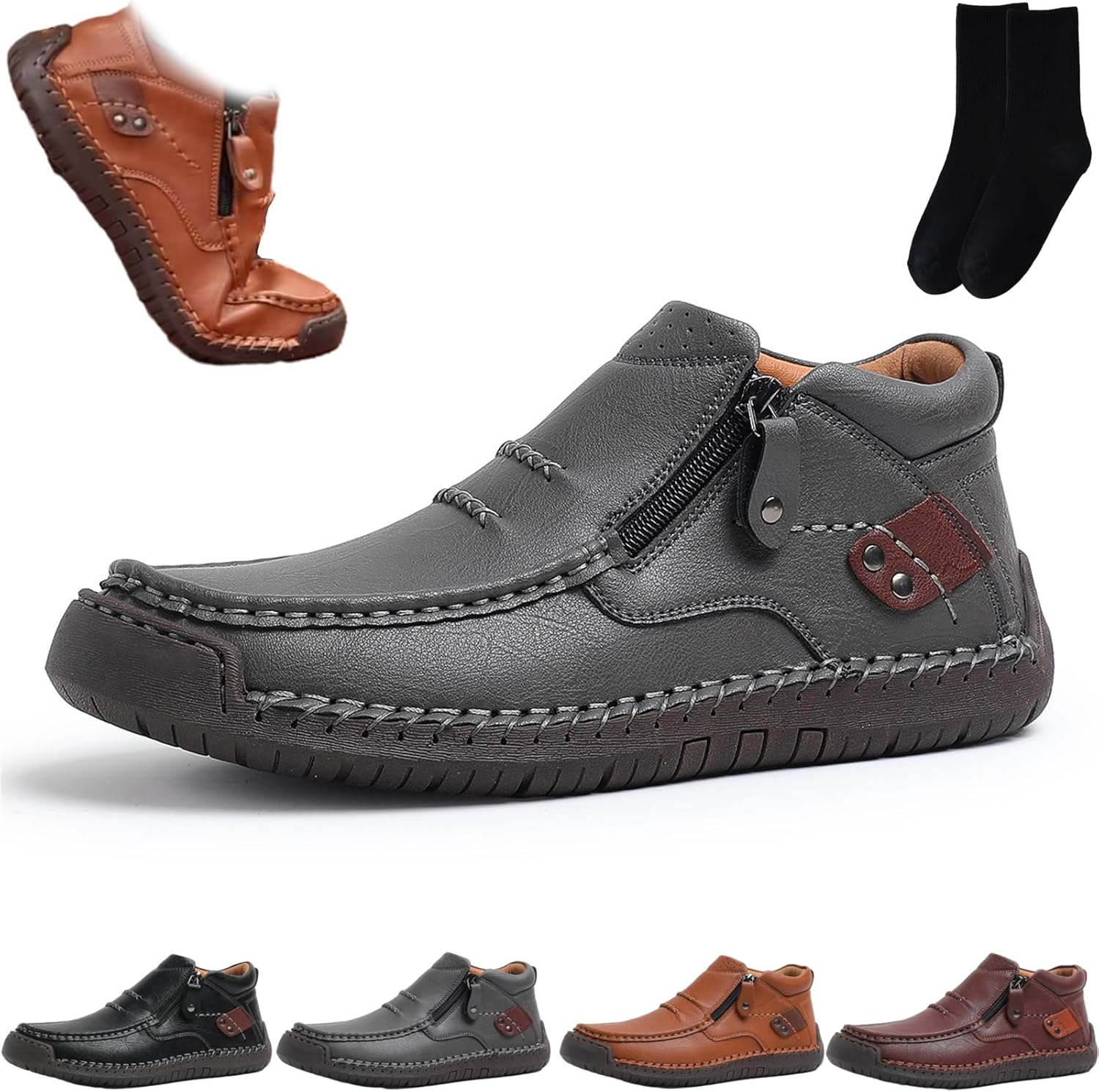 

Мужские ручной работы кожаные слипоны с боковой молнией, мужские повседневные легкие водонепроницаемые лоферы для прогулок с поддержкой свода стопы, удобная обувь Xylawave, серый