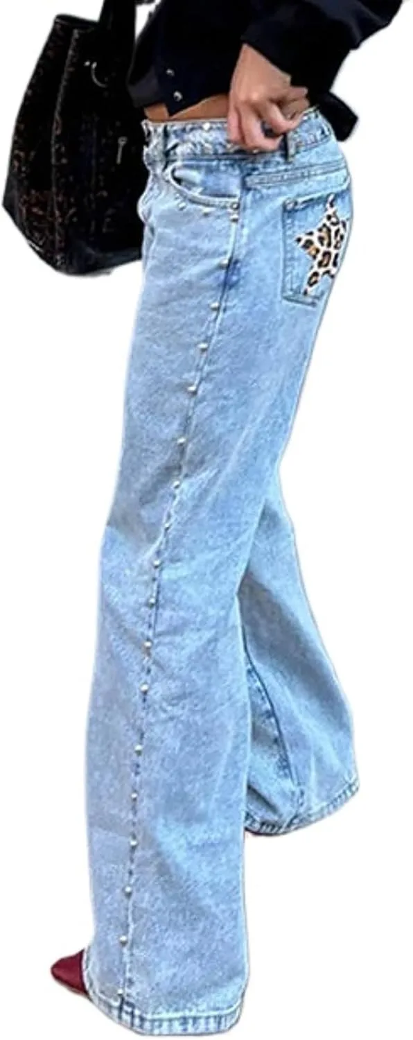 

Джинсы для женщин Y2K с пайетками и звездами, низкая посадка, мешковатые, в стиле пэчворк TYATVS